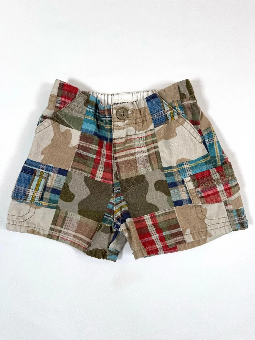OSHKOSH Boys Madras Patchwork Cargo Shorts 3-6m Preppy Coastal Plaid Utility Y2K